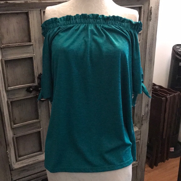 Turquoise Off the shoulder- tie sleeve Blouse - Picture 1 of 3